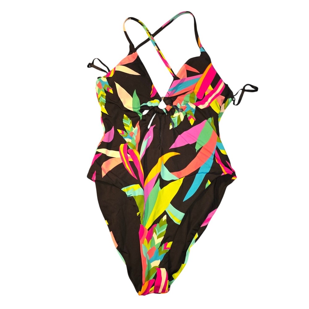 Trina Turk Womens Abstract Tropical Print Ring One Piece Swimsuit Multicolor L